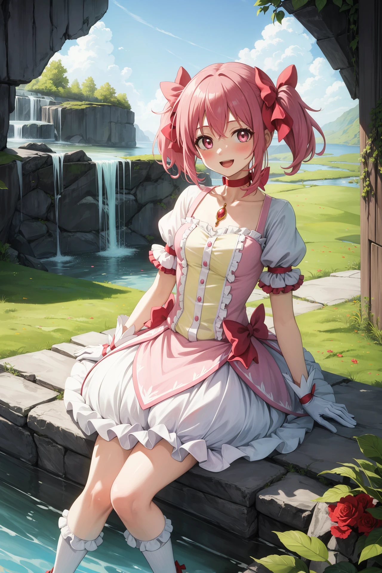 masterpiece, best quality, highres,
MadokaAi, 1girl, solo, pink hair, pink eyes, short hair, bangs, short twintails, flat chest, breasts, blush, smile, open mouth, large breasts, bow, ribbon, twintails, hair ribbon, hair bow, symbol-shaped pupils, red ribbon, pink bow,
gloves, white gloves, frilled sleeves, collarbone, soul gem, skirt, dress, shoes, buttons, choker, socks, puffy sleeves, ribbon choker, red choker, puffy short sleeves, frills, choker, cosplay, rose, magical girl, bubble skirt, kaname madoka,
sitting, arm support, leaning back, cowboy shot, looking at viewer, outdoors, cave, darkness, shadow, stalactite, <lora:Madoka:1>