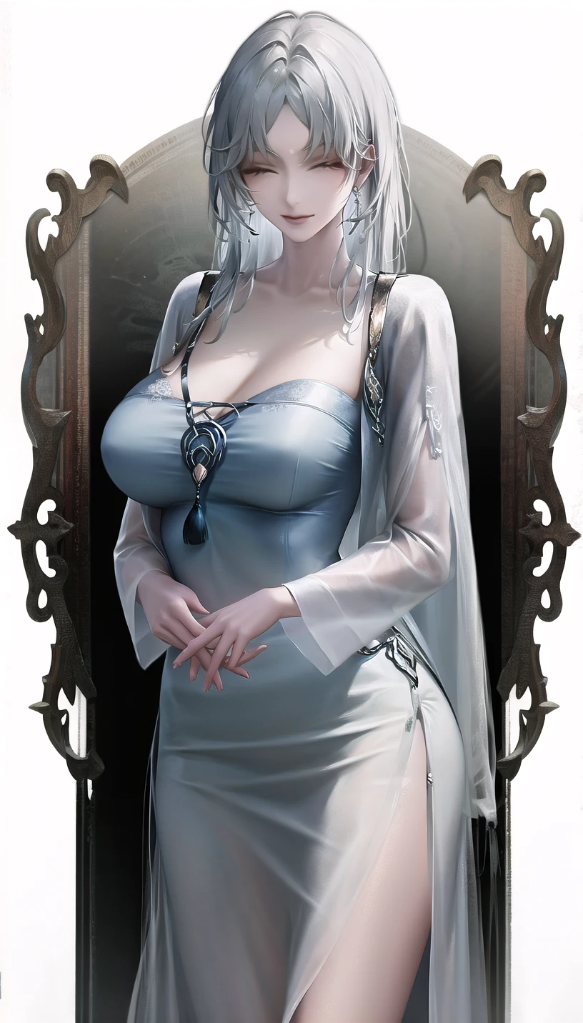 closed eyes,
(nightgown:1.28),
lady,mature female, cowboy shot,
(white background, simple background:1.18),
highres,official art,original,masterpiece,best quality,
(large breasts),
<lora:Du Ruo:1.0>