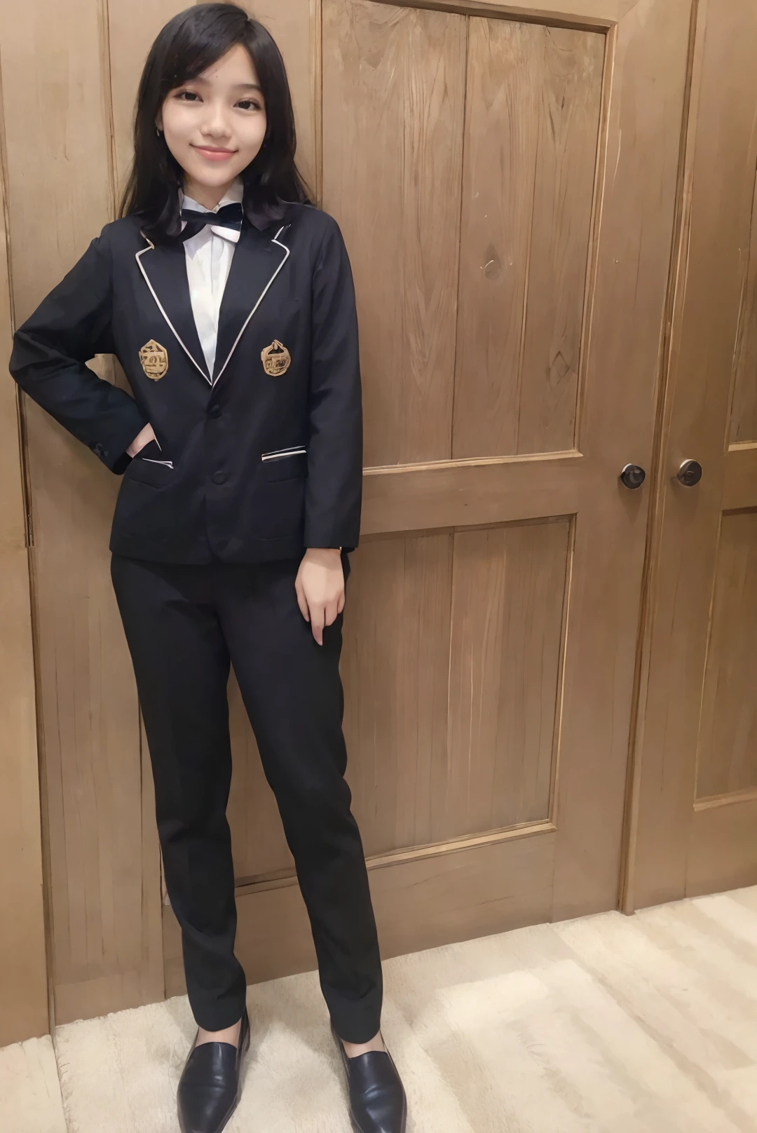 ((masterpiece)), ((best quality)), ((detailed)), ((realistic)), (1girl, solo:1.2, standing, arms at side), ((((full body:1.5), small breast:1.4, slender body:1.3, body height 150 cm, body weight 40 Kg, 21 years old, breast size 32D))), hyperdetailed, indoor, luxury office room, flirty expression, cute, a dashing collected professional beauty woman, woman, girl, Niken, short sleeved white shirt, black blazer, black skirt, black necktie, white socks, black loafers, black formal women's belt, dress politely and neatly, neat and formal appearance, tucked in, medium hair, hair parted at the back, ((formal attire)), beautiful smile, (formal pose:1.2), looking at camera, gold small earrings, gold watch, gold bracelet, young adult, indonesian, Indonesia, SFW, cosplay, whole body facing the camera,  <lora:Javanese_Girl_V1_Retrained:0.8>