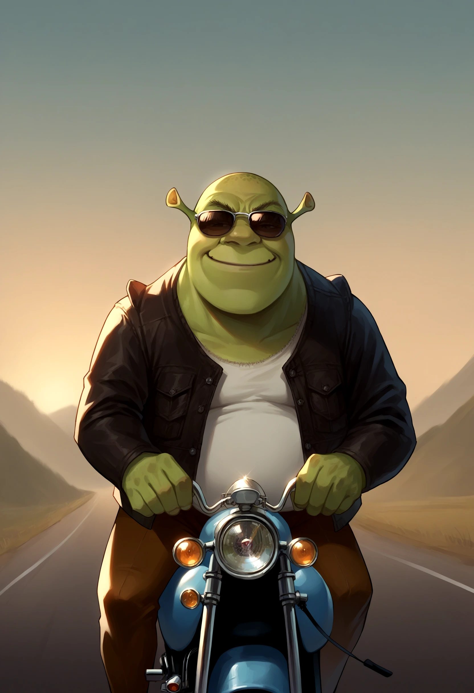 score_9, score_8_up, source_anime, shrek, <lora:Shrek_XLPD:1>, sunglasses, smirk, motor vehicle, on motorcycle, leather jacket,
