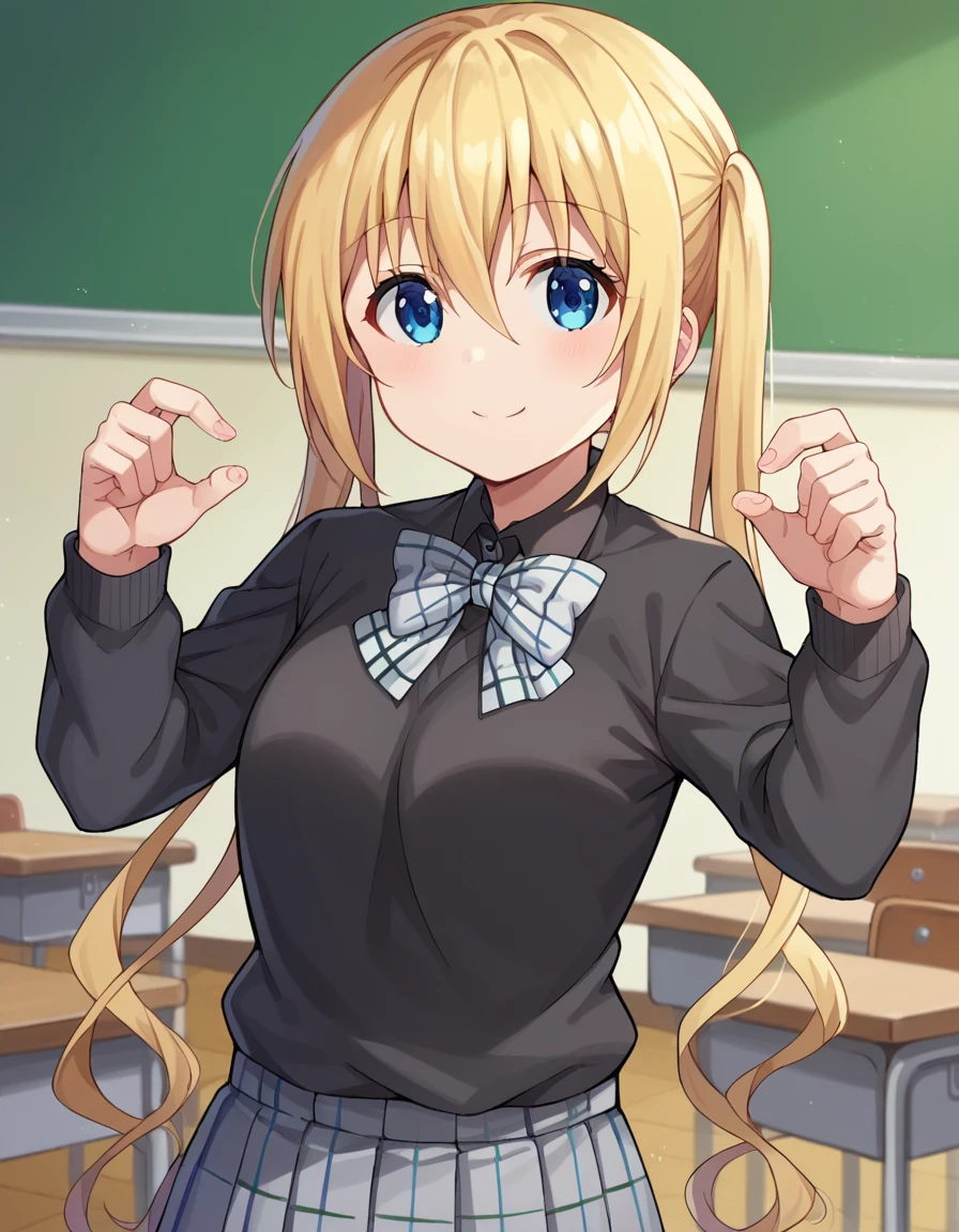 score_9, score_8_up, score_7_up, source_anime,
kahohinata, <lora:kaho-hinata-ponyxl-lora-nochekaiser:1>,
kaho hinata, blonde hair, blue eyes, hair between eyes, long hair, sidelocks, twintails, smile,
skirt, shirt, long sleeves, bow, school uniform, pleated skirt, collared shirt, bowtie, sweater, plaid, black shirt, plaid skirt, grey skirt, black sweater, grey bow,
indoors, classroom,
looking at viewer, dutch angle, cowboy shot, dynamic pose,