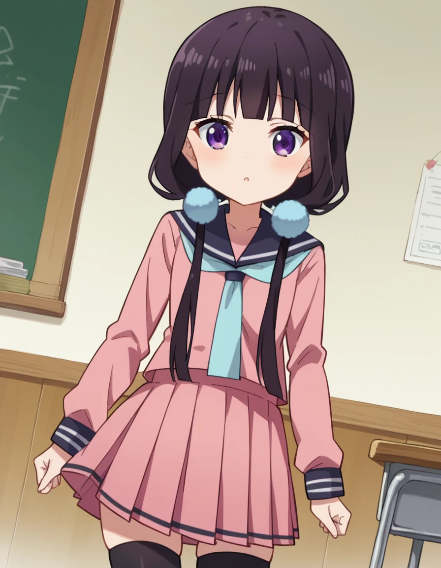 score_9, score_8_up, score_7_up, source_anime,
maikasakuranomiya, <lora:maika-sakuranomiya-ponyxl-lora-nochekaiser:1>,
maika sakuranomiya, long hair, black hair, hair ornament, twintails, purple eyes, low twintails,
skirt, shirt, long sleeves, school uniform, pleated skirt, serafuku, sailor collar, black socks, pink skirt, pink shirt,
indoors, classroom,
looking at viewer, dutch angle, cowboy shot,