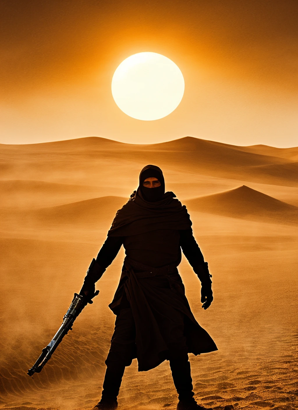 photo of fremen army during epic sandstorm <lora:locon_theme_dunetheme_dnthm_v1_from_v1_64_32:1> (dnthm theme), setting sun