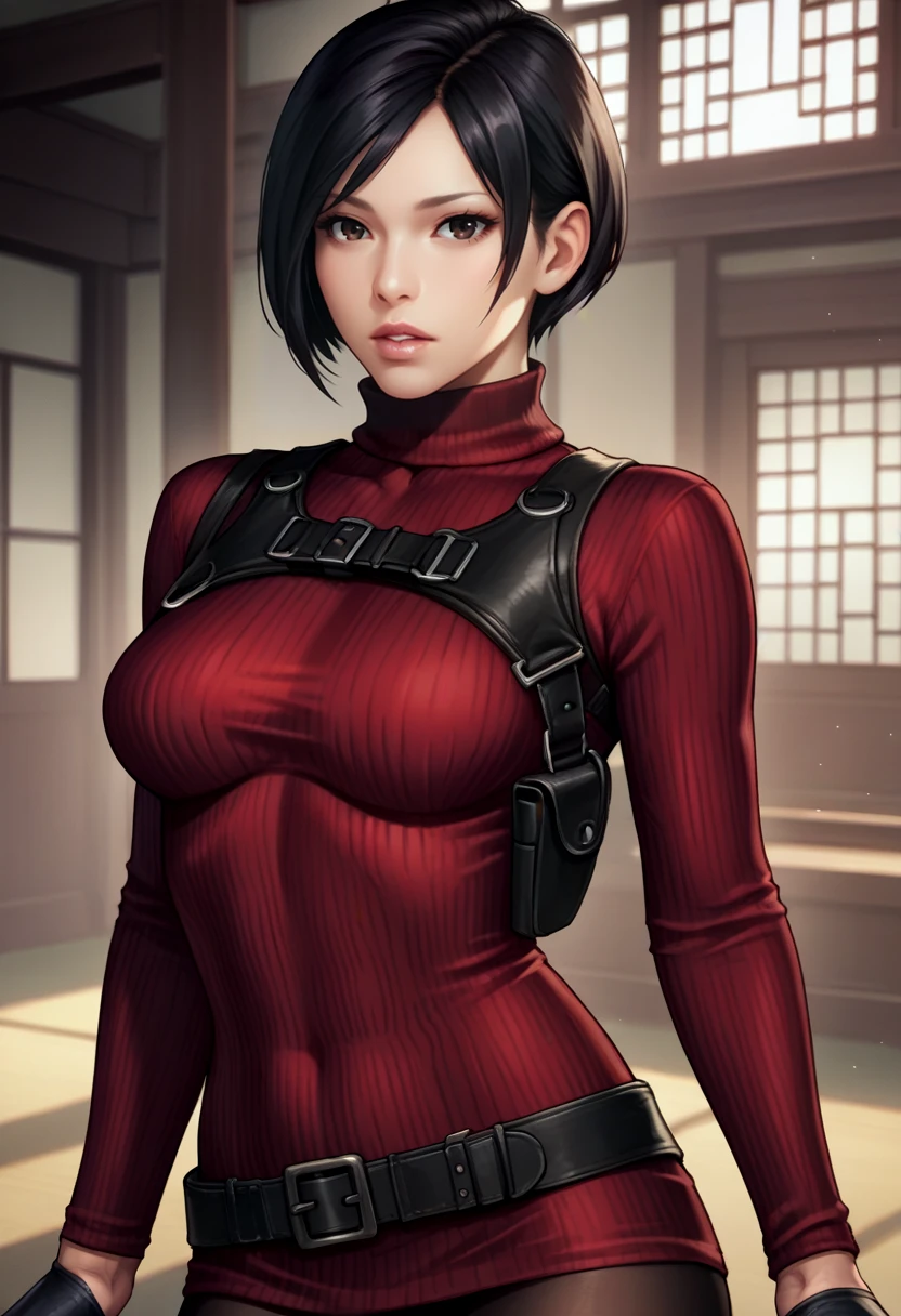 score_9, score_8_up, score_7_up, source_anime, realistic BREAK 1girl, solo, <lora:adawong-re-richy-v1_pdxl:1> adasweater, black hair, short hair, black eyes, red sweater, turtleneck, harness, pantyhose, black gloves, belt, parted lips, looking at viewer, lips, east asian architecture, indoors, ribbed sweater