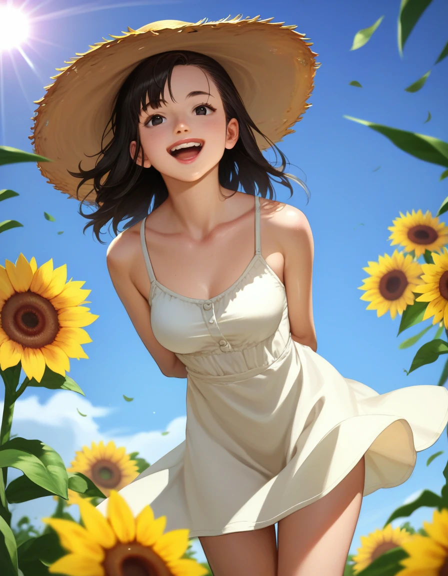 score_9, score_8_up, score_7_up, score_6_up, score_5_up, score_4_up, sunflower field, summer, sunlight, 1girl, black hair, long straight hair, bangs, asymmetrical bangs, black eyes, shiny lips, medium breasts, happy, laughing, white dress, sundress, sun straw hat, looking at viewer, from below, standing, legs apart, arms behind back, leaning, leaning forward, wind