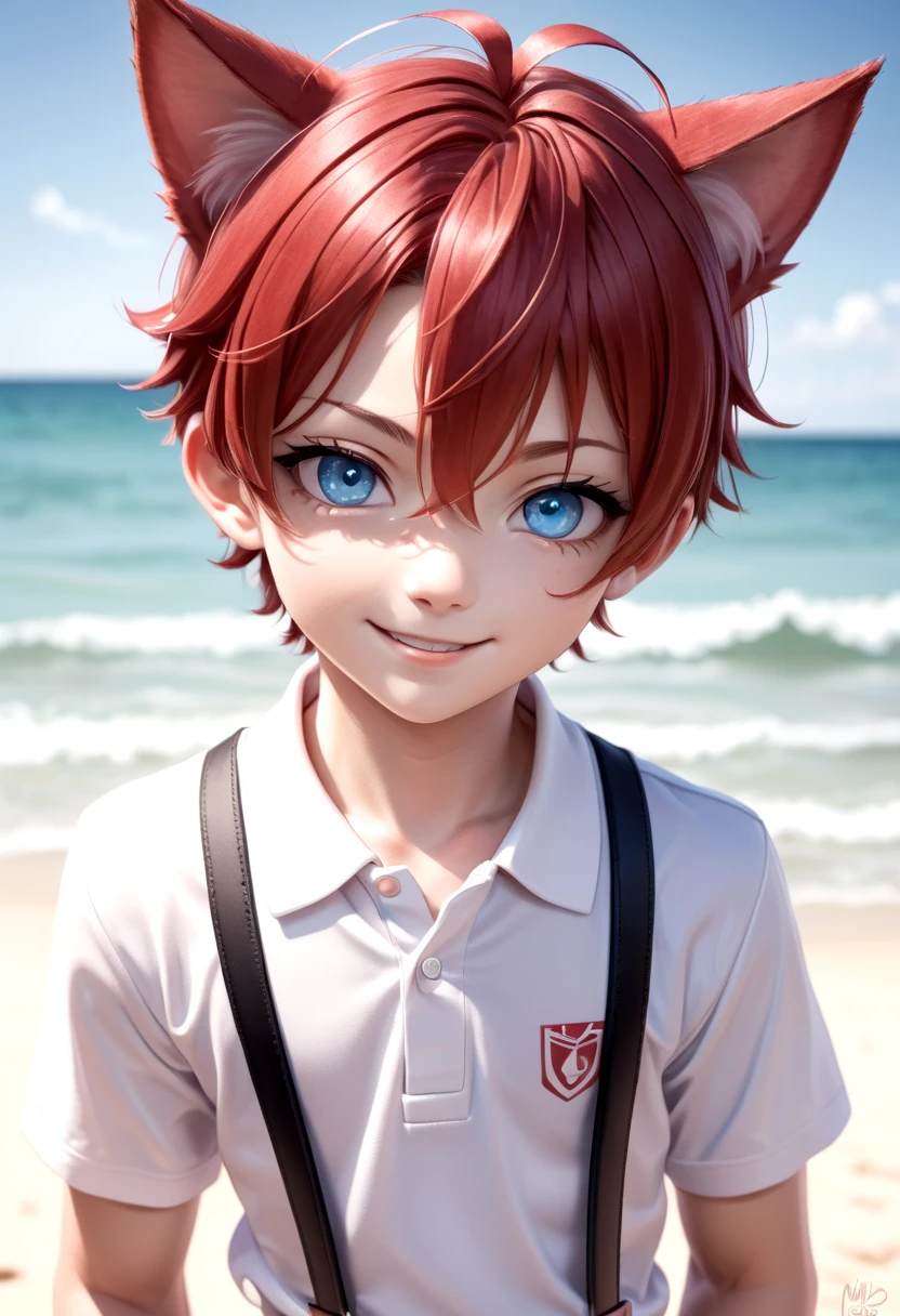 (1boy:1.2), beach, smile, ( crimson cat ears:1.4), (red ears), male face, male body, more details in eyes, (very short hair:1.2), hair between eyes, cute, adorable boy, cute face, detailed face, handsome, young, juvenile, white skin, eyeshadow, crew cut, crimson hair, details sky, looking at viewer, blush, blue eyes, full shot, red suspenders, (pants), (white polo shirt), aki,
(masterpiece:1.2), best quality, high resolution, unity 8k wallpaper, (illustration:0.8), (beautiful detailed eyes:1.6), extremely detailed face, perfect lighting, extremely detailed CG, (perfect anatomy),