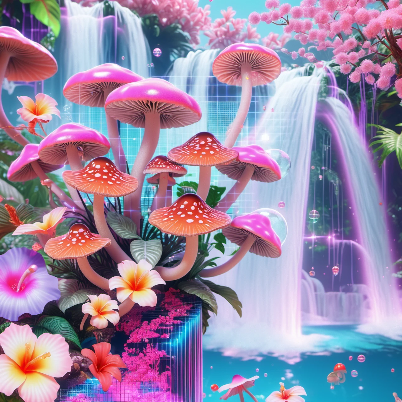 xdlx style, aesthetic digital photo, waterfall, tropical paradise, bubbles, flowers, pixelization grid, bioluminescent mushrooms, vaporwave aesthetic, graphs