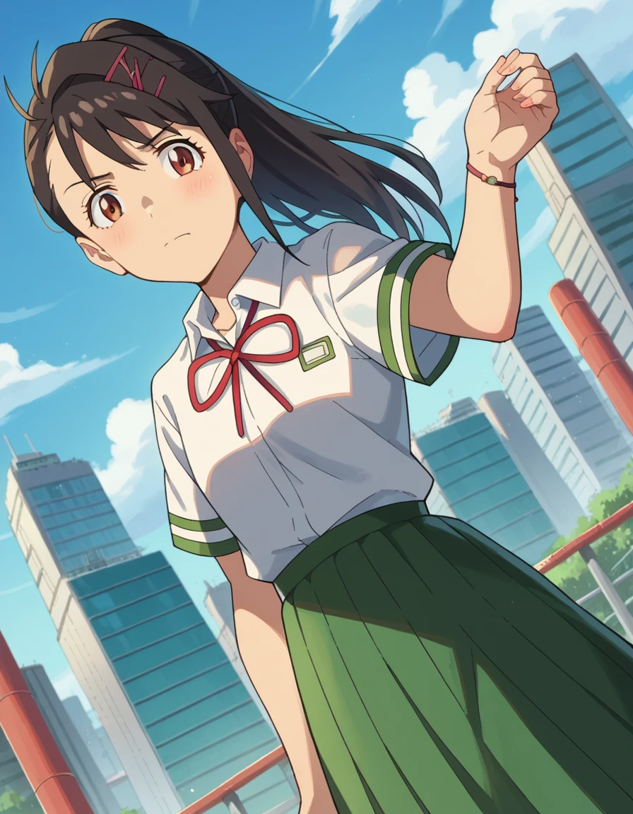 score_9, score_8_up, score_7_up, source_anime,
suzumeiwato, <lora:suzume-iwato-ponyxl-lora-nochekaiser:1>,
suzume iwato, long hair, black hair, hair ornament, brown eyes, hairclip, ponytail,
skirt, shirt, ribbon, school uniform, white shirt, red ribbon, green skirt, long skirt,
outdoors, cityscape,
looking at viewer, dutch angle, cowboy shot,