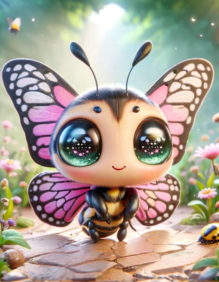 A hyper-realistic, small, and cute chibi-style insect character designed like a butterfly, the insect has exaggerated large eyes <lora:ral-smolinzect:1> ral-smolinzect