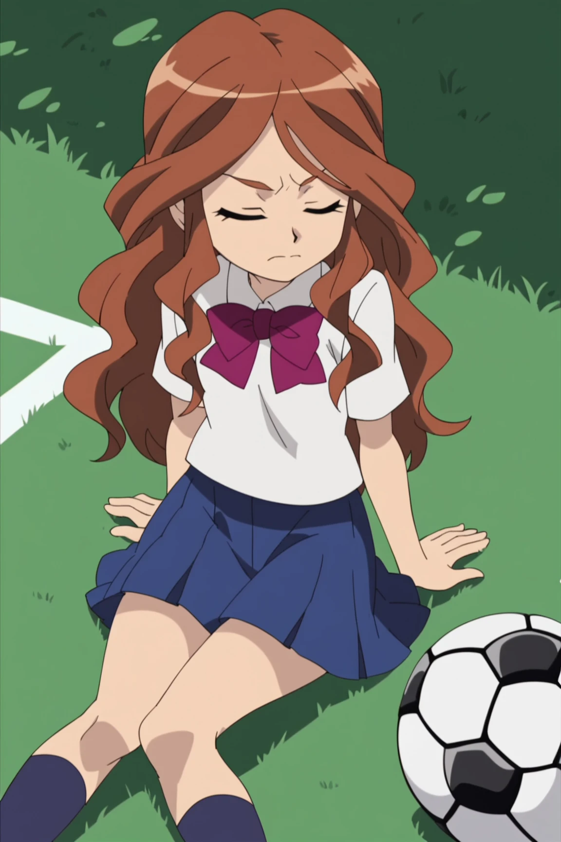 score_9, score_8_up, score_7_up, <lora:raimon_pony_v1-000060:0.7> (raimon_natsumi), best quality, 4k, 1girl, (solo), anime screencap, sitting on the grass, soccer stadium, soccer ball, sunlight, detailed, school uniform, skirt, long hair, closed eyes