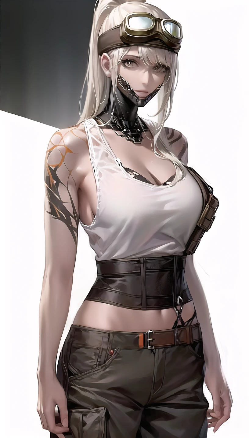 arm tattoo, tank top, pants, mask, goggles,
lady,mature female, cowboy shot,
(white background, simple background:1.18),
highres,official art,original,masterpiece,best quality,
(large breasts),
 <lora:Vanilla:0.8>