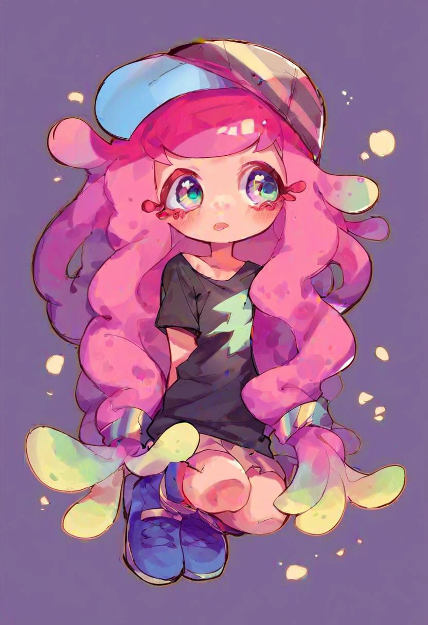 score_9, score_8_up, score_7_up, score_6_up, score_5_up, score_4_up, 1girl, girl, solo, pink hair, tentacle hair, hat, skirt, simple background, shirt, cute, fish