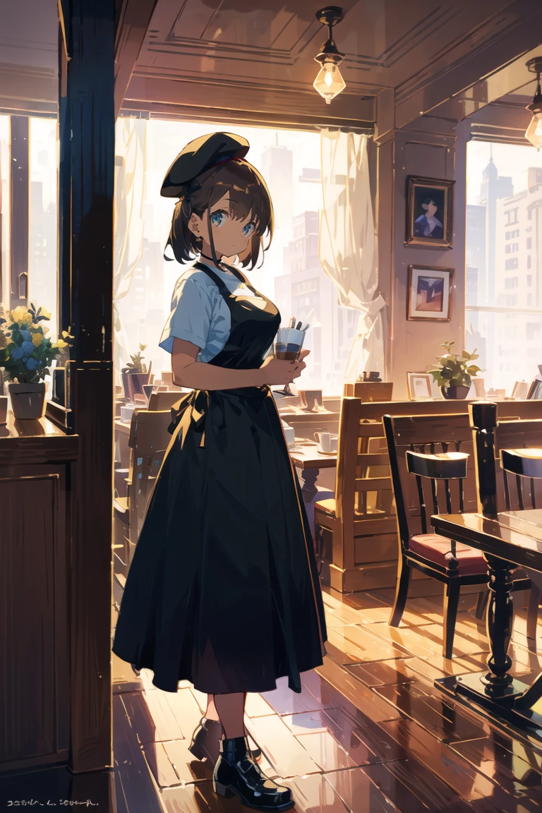 looking at viewer, petite,  medium hair,             lovely large breasts,  black beret, white t-shirt, black apron, black long skirt,  in a restaurant,