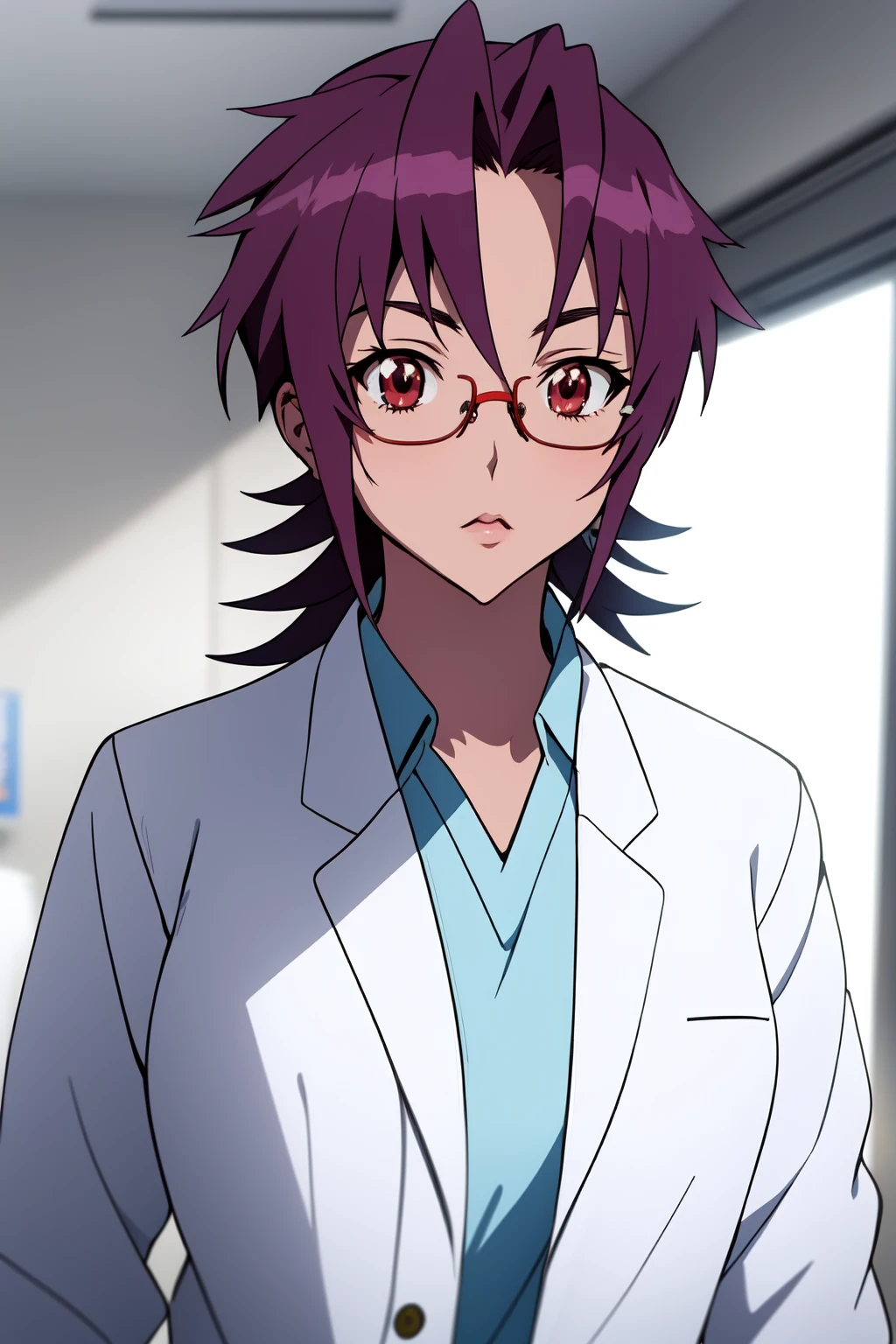 (RAW photo, best quality), 1girl,  natural lighting <lora:triage_x_miki_tsurugi_v1_2:1>, miki tsurugi (triagex), labcoat, glasses, portrait, hospital, looking at viewer,