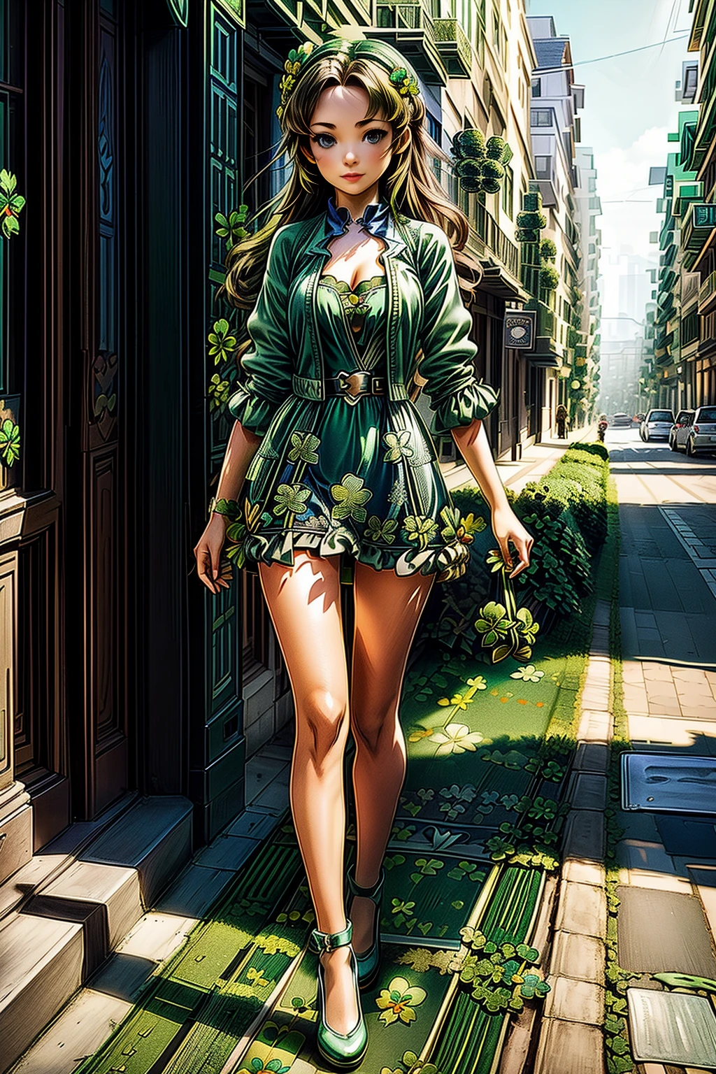 <lora:GreenCloverWorld:1>  (GreenCloverWorld:0.9)
1woman walking in the street, face zoom,  sexy short dress, long hair   <lora:more_details:1> details