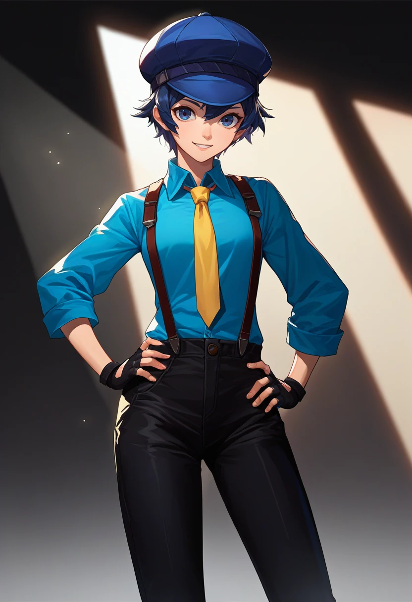 score_9, score_8_up, score_7_up, source_anime, solo, 1girl, naotodancing, smile, looking at viewer, hand on hip, cabbie hat, blue shirt, yellow necktie, suspenders, fingerless gloves, black pants, spotlight <lora:persona4_shirogane_ponyXL:1>
