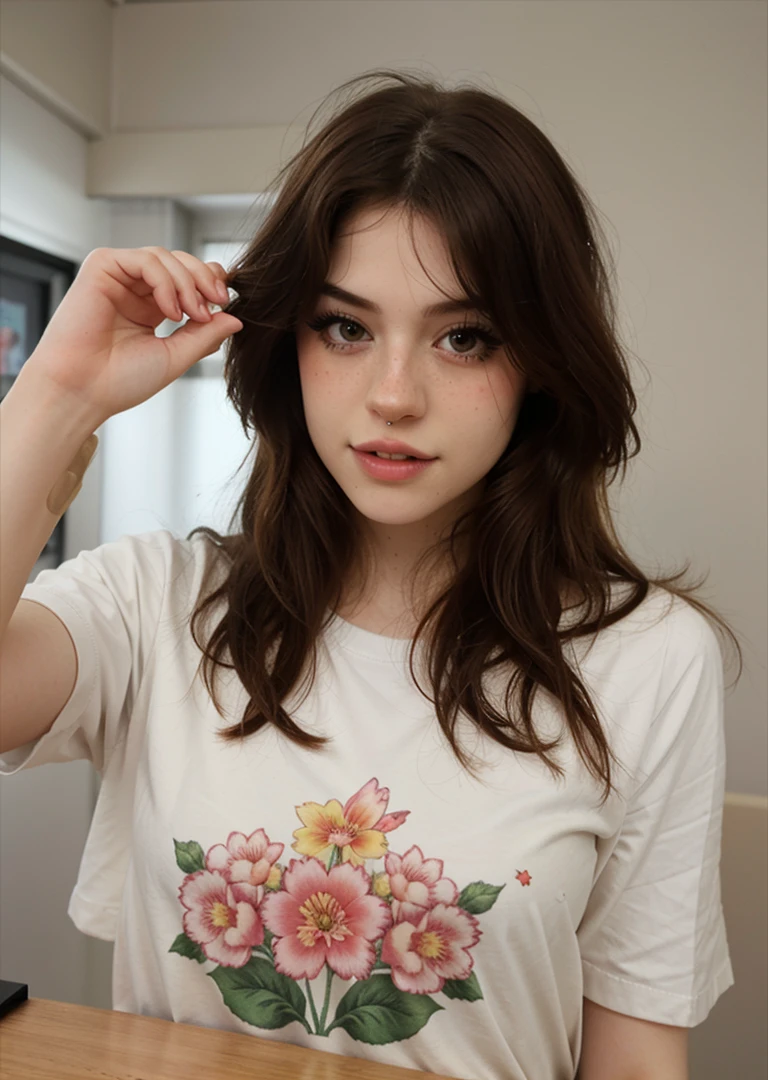 1girl, hannahowo, headshot, portrait, tshirt, flower print tshirt, simple background,