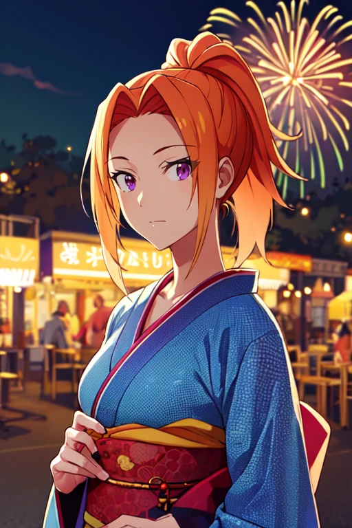 concept art masterpiece, highres, best quality, absurdres,  <lora:SachiTakamiyaR4:0.7>, SachiTakamiyaR4, 1girl, solo, orange hair, purple eyes, ponytail, fireworks, kimono, upper body, looking at viewer, breasts,  . digital artwork, illustrative, painterly, matte painting, highly detailed