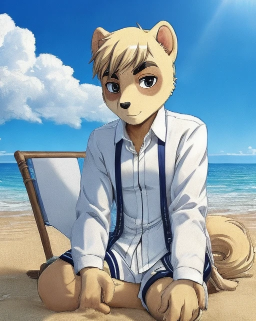 solo, <lora:anai:1> anai, detailed anime
anthro, male, clothed
sitting on beach