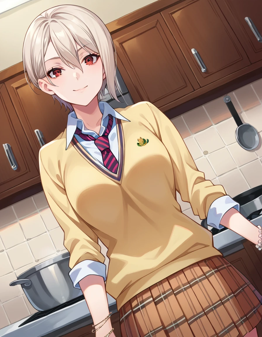score_9, score_8_up, score_7_up, source_anime,
alicenakiri, <lora:alice-nakiri-ponyxl-lora-nochekaiser:1>,
alice nakiri, short hair, red eyes, white hair, hair between eyes, smile,
skirt, shirt, jewelry, school uniform, pleated skirt, necktie, striped, bracelet, sweater, plaid, plaid skirt, striped necktie, white shirt, collared shirt, light brown sweater,
indoors, kitchen,
looking at viewer, dutch angle, cowboy shot,