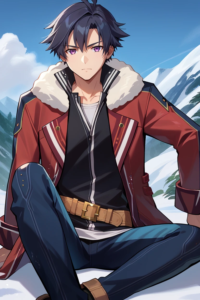score_9, score_8_up, score_7_up, score_6_up, source_anime, BREAK 1boy, solo <lora:rean-pdxl-nvwls-v1-000006:0.9> sen2rean, black hair, red jacket, fur trim, black shirt, brown belt, blue pants, sitting, on ground, knees, looking at viewer, holding sword, snow, blue sky