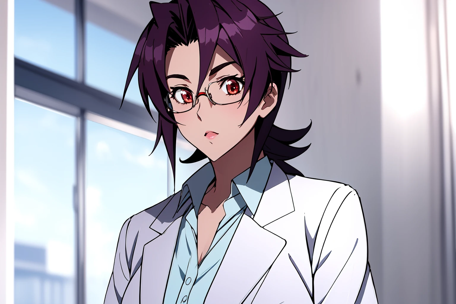 (RAW photo, best quality), 1girl,  natural lighting <lora:triage_x_miki_tsurugi_v1_2-000004:1>, miki tsurugi (triagex), glasses, labcoat, upper body,