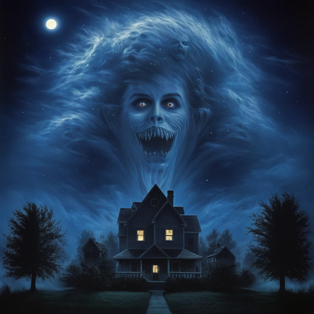 Horror-themed, <lora:Amy Peterson:1>
Amy Peterson, In the 1980's Vampire3 ghost creature Amy,Fog shaped ghost,ghost shaped fog,a creepy looking house with a scary big ghost face above in sky,blue night,outdoors,sky,teeth,tree,night,moon,sharp teeth,star (sky),night sky,scenery,full moon,starry sky,blue theme,giant , Horror themed, dark themed, Fright Night 1985 style, Eerie, unsettling, dark, spooky, suspenseful, grim, highly detailed
