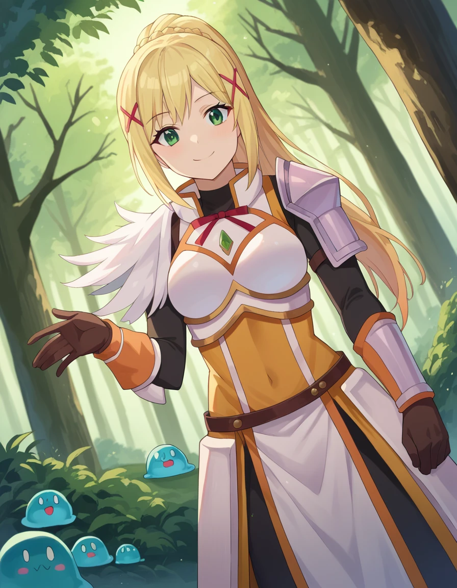 score_9, score_8_up, score_7_up, source_anime,
lalatinadustinessford, <lora:lalatina-dustiness-ford-ponyxl-lora-nochekaiser:1>,
lalatina dustiness ford, long hair, green eyes, blonde hair, hair ornament, ponytail, braid, x hair ornament, smile,
gloves, armor, bodysuit, shoulder armor, armored dress,
outdoors, forest, nature, slime,
looking at viewer, dutch angle, cowboy shot,