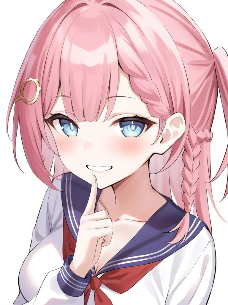<lora:xl_asta(kohaku_delta)æµè¯åtagå¤å¶:1>,asta is a girl with short pink hair and blue eyes,1girl,solo,white background,virtual youtuber,looking at viewer,long sleeves,simple background,white shirt,serafuku,blush,collarbone,grin,red neckwear,upper body,blue sailor collar,index finger raised,blue skirt,neckerchief,finger to mouth,pleated skirt,medium breasts,hand up,, masterpiece,best quality,