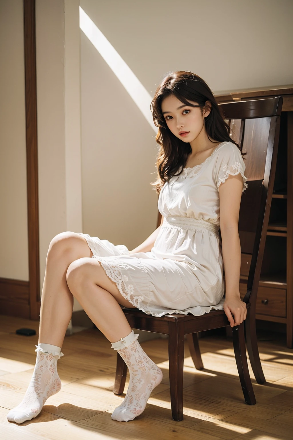 masterpiece, best quality, photo realistic, realistic, 1girl, <lora:rufflesocks:0.75> lace socks, long hair, sunlight, sitting on chair, full body, cute dress,