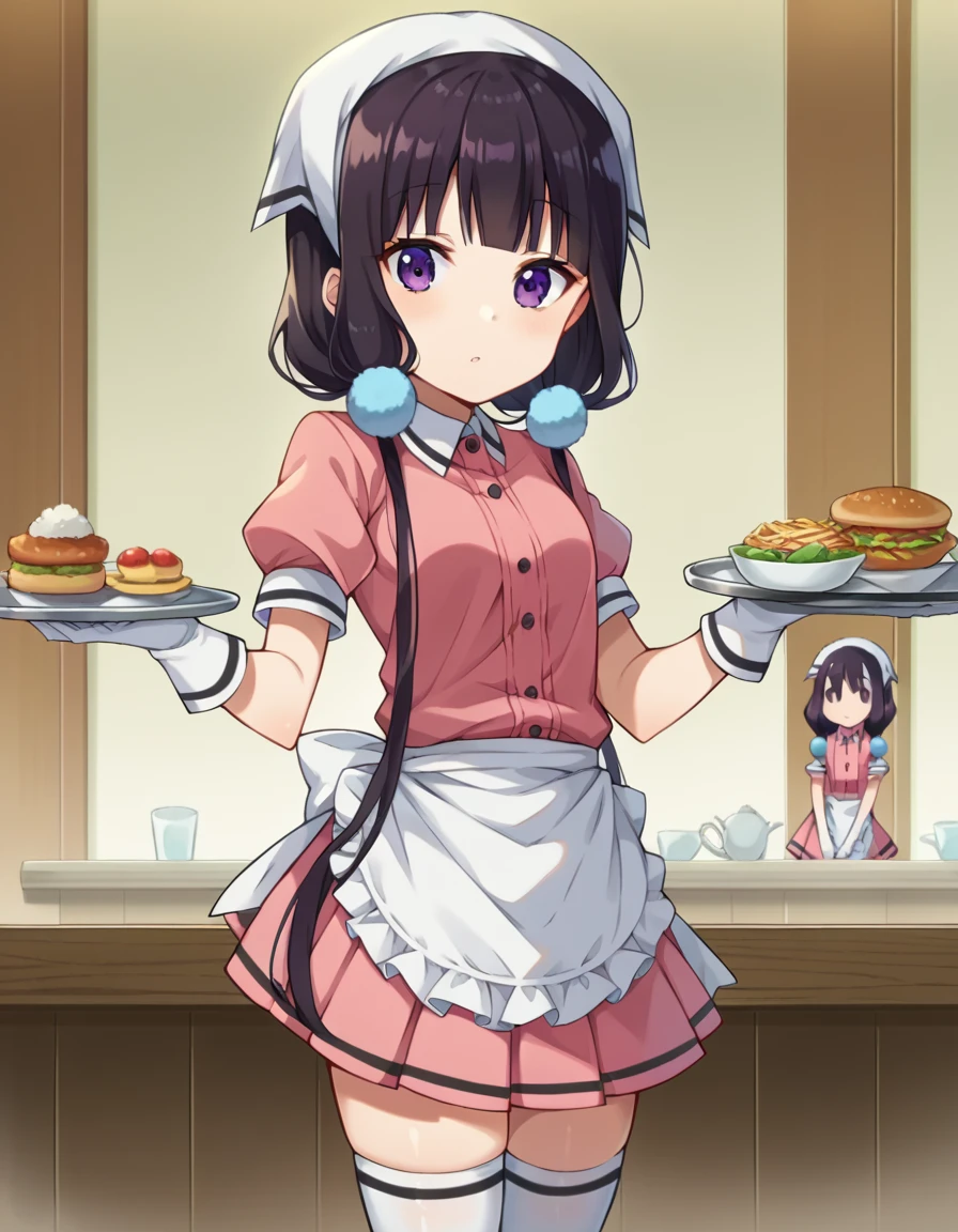 score_9, score_8_up, score_7_up, source_anime,
maikasakuranomiya, <lora:maika-sakuranomiya-ponyxl-lora-nochekaiser:1>,
maika sakuranomiya, long hair, black hair, hair ornament, twintails, purple eyes, low twintails,
skirt, shirt, thighhighs, gloves, short sleeves, pleated skirt, frills, shoes, puffy sleeves, white gloves, black footwear, uniform, apron, white thighhighs, puffy short sleeves, zettai ryouiki, waist apron, white apron, pink skirt, pink shirt, frilled apron, waitress, head scarf,
indoors, restaurant, tray, food tray,
looking at viewer, dutch angle, cowboy shot,