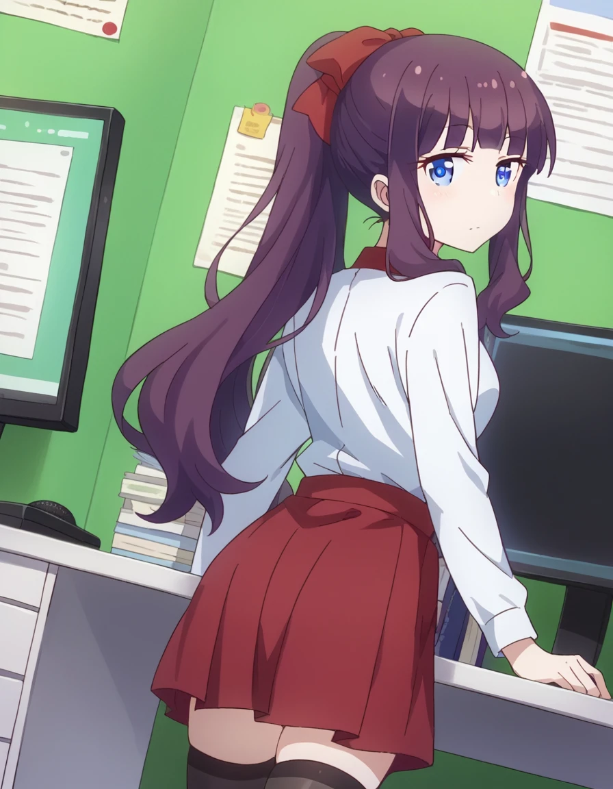 score_9, score_8_up, score_7_up, source_anime,
hifumitakemoto, <lora:hifumi-takimoto-ponyxl-lora-nochekaiser:1>,
hifumi takemoto, long hair, bangs, blue eyes, bow, ponytail, purple hair, hair bow,
skirt, shirt, thighhighs, white shirt, black thighhighs, red skirt,
indoors, office,
looking at viewer, dutch angle, cowboy shot, computer, desk,
