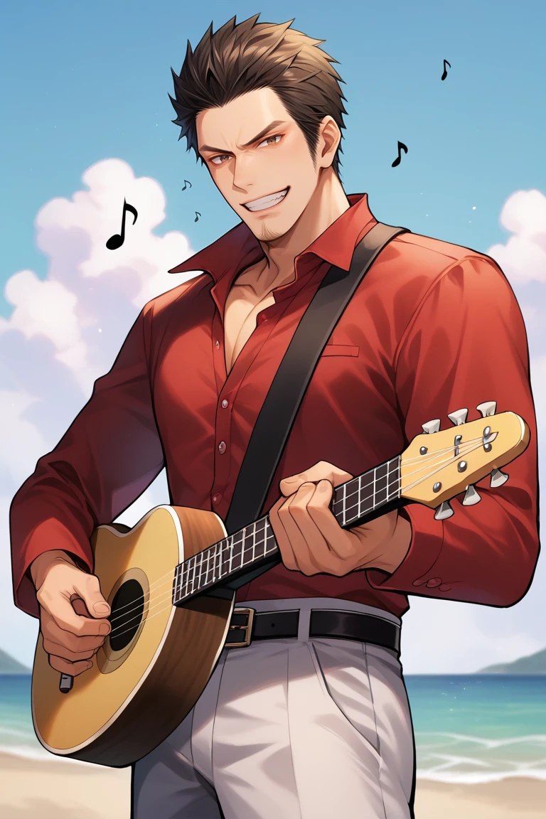 score_9, score_8_up, score_7_up, BREAK, <lora:kiryukazuma-guy-PONYv1:1>, 1boy, solo, kiryukazuma, red shirt, formal, pants, belt, muscular, portrait, looking at viewer, ukulele, beach, smile, teeth, playing instrument, musical note,