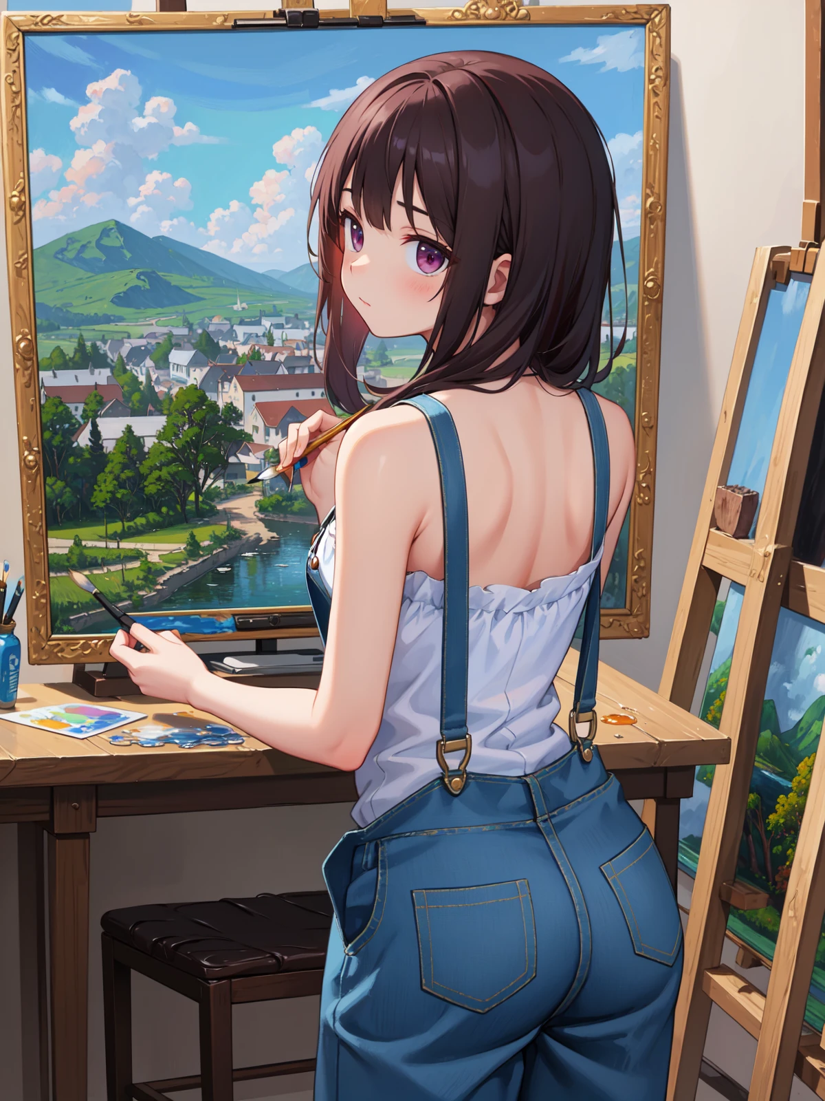 (best quality:1.4), amazing intricate, A canvas placed on the only easel in the work room, (impressionism, Landscape painting, (oil painting, unfinished:1.4)), girl holding a paintbrush,
from behind, looking back, overalls, (dim room:1.4)