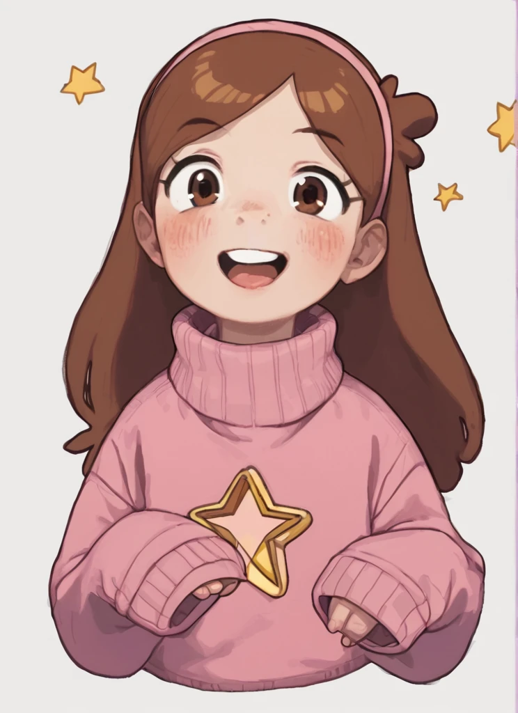 score_9,score_8_up,score_7_up <lora:possummachinexl:0.8>possummachine_style , 1girl, solo, long hair, looking at viewer, blush, smile, open mouth, simple background, brown hair, long sleeves, white background, brown eyes, upper body, hairband, teeth, tongue, star (symbol), sweater, sleeves past wrists, turtleneck, teeth, sleeves past fingers, cropped torso, red sweater, pink sweater , mabel pines