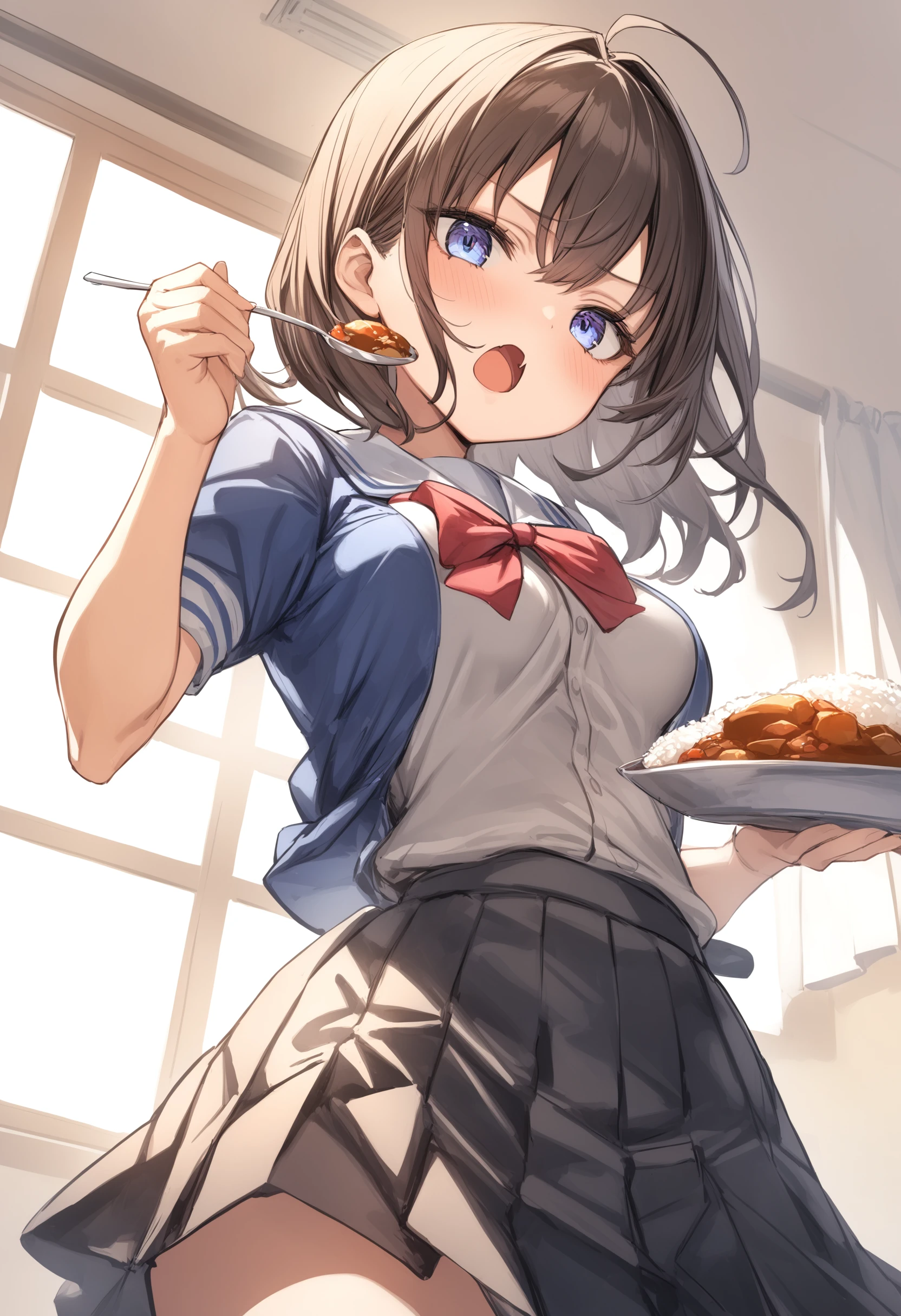 1girl, <lora:sdxl2-flat2-512b:-1>,medium breasts,school uniform,
<lora:curryrice_XL_v1:0.8>,curry rice ,solo, food, curry, rice, holding spoon, eating,
from below, cowboy shot, looking to the side, serious, art room, open mouth,
best quality,medium quality,