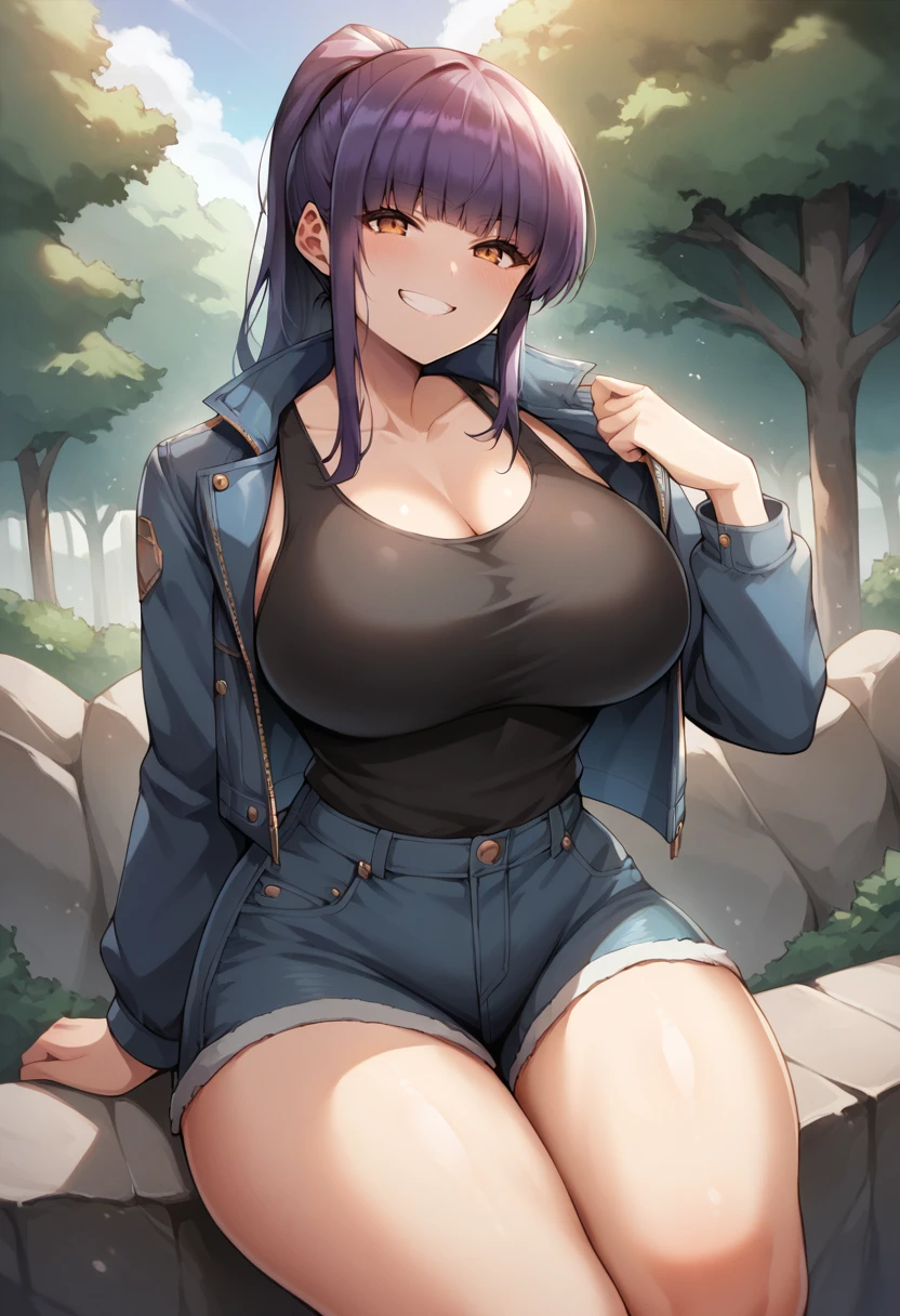 score_9, score_8_up, score_7_up, source_anime, 1girl, solo, park, amber eyes, violet hair, blue jacket, open jacket, black tank top, jean shorts, seated, on a rock, cowboy shot, grin, blush,  big breasts, wide hips, thick thighs, blunt bangs, ponytail,  <lora:Kanno-Takanori-PonyXL-000056:1>