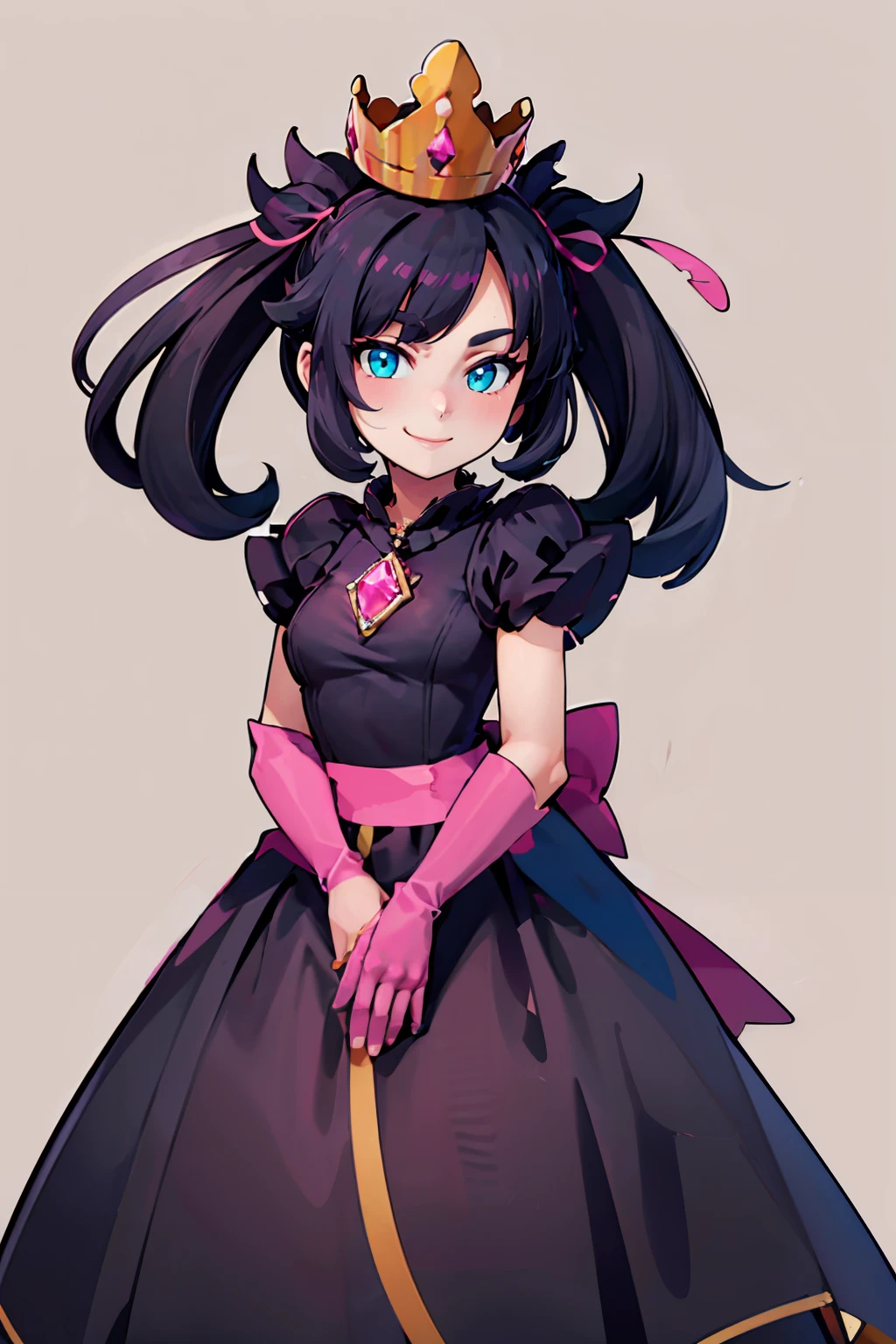 ((masterpiece,best quality)), absurdres, <lora:ShadowQueenMarnie_v2:0.8>, anime style, ShadowQueenMarnie, black hair, twintails, asymmetric bangs, solo, smile, crown, black dress, pink gemstone, pink gloves, pink waist ribbon, looking at viewer, simple background <lora:ricegnat_style:0.5>,