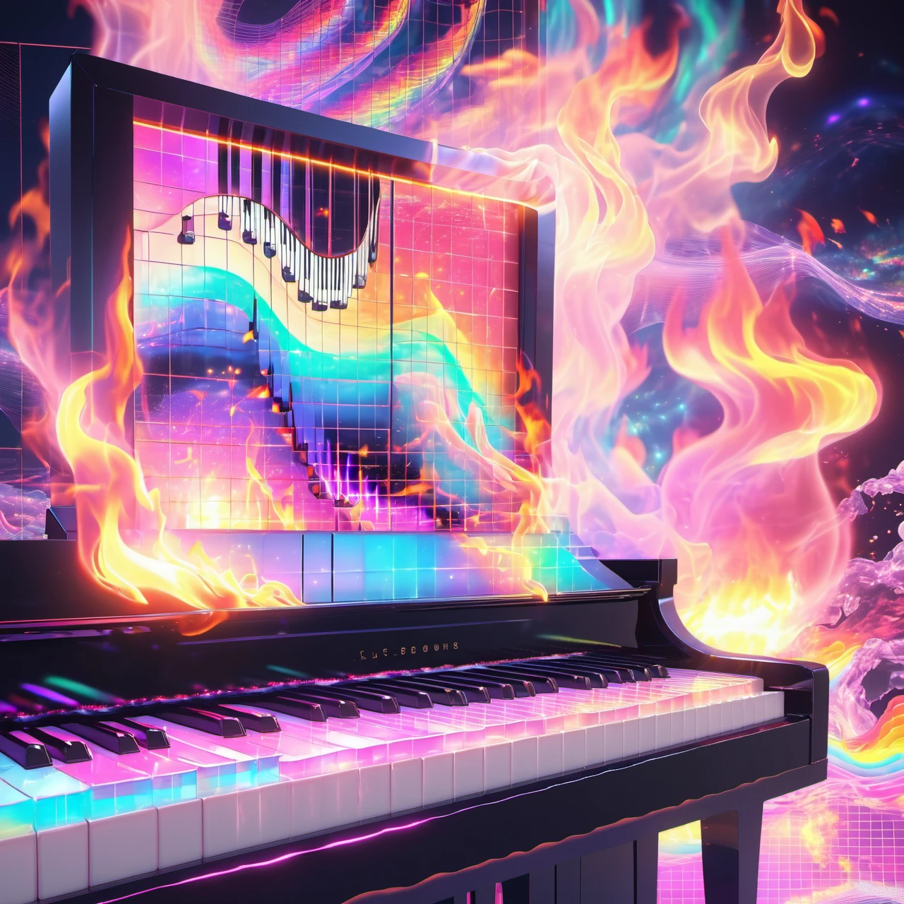 xdlx style, aesthetic digital art, iridescent waves of light, flaming piano, pixelization, bioluminescent, vaporwave aesthetic, grids, graphs