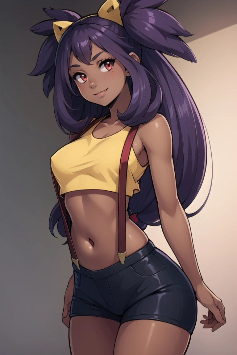 ((masterpiece,best quality)), absurdres, <lora:Misty_Pokemon_Cosplay_v3:0.8>, misty (pokemon) (cosplay), yellow crop top, suspenders, <lora:Iris_Pokemon_v2:0.8>, iris (pokemon), purple hair, long hair, red eyes, dark skin, big hair, solo, smile, looking at viewer, cowboy shot,