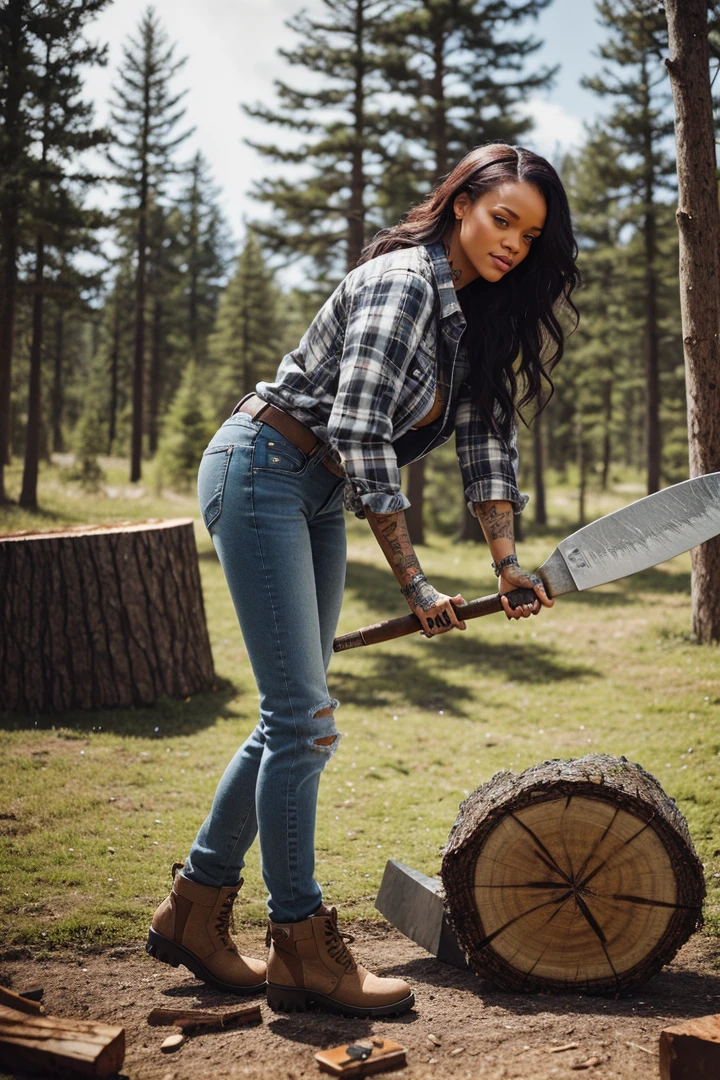 1girl,women, chopping wood with an axe, wearing stone washed jeans and a flannel shirt,outdoors, springtime, Rihanna,Best quality,4k,Realistic,highly detailed,