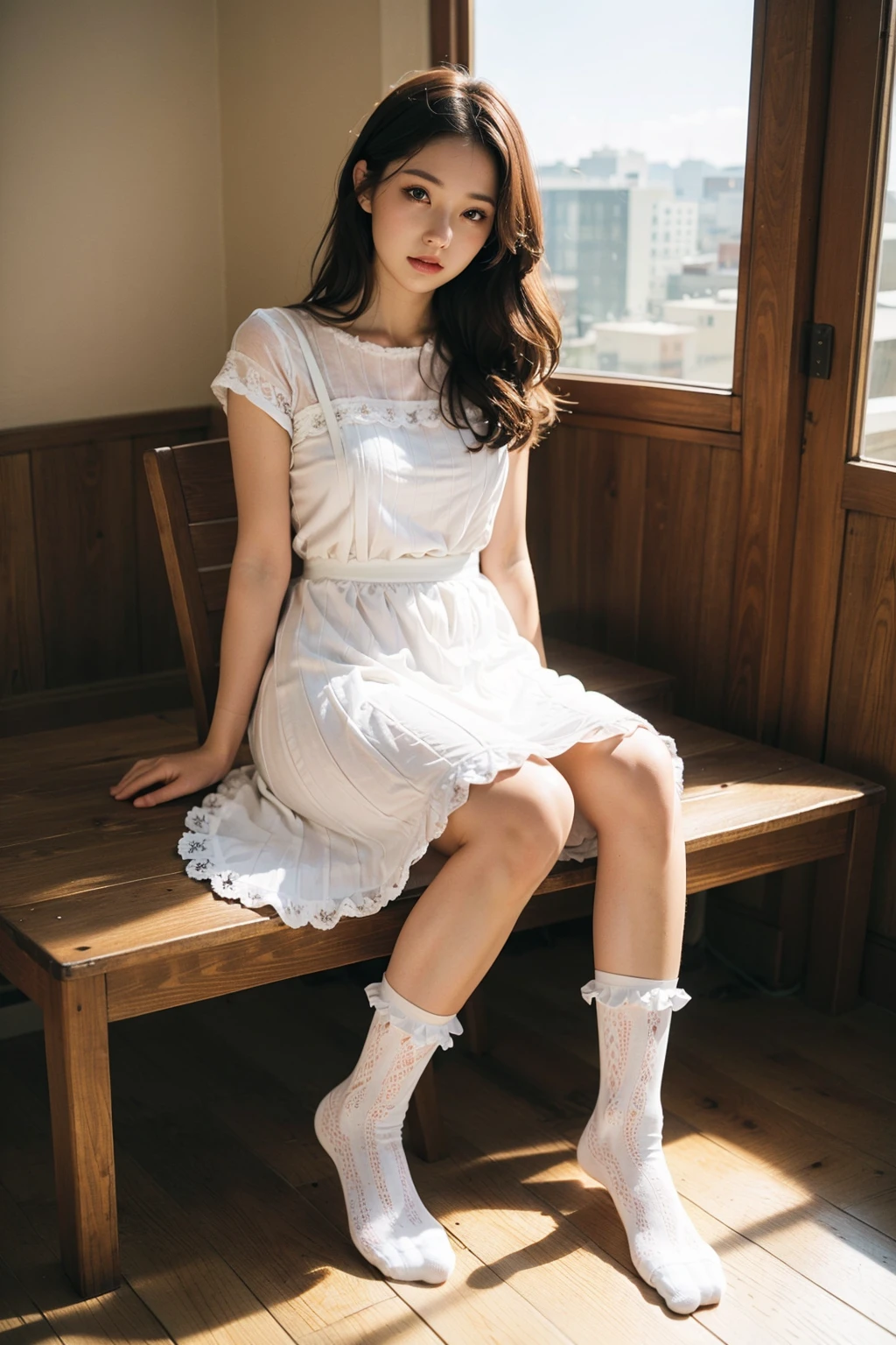 masterpiece, best quality, photo realistic, realistic, 1girl, <lora:rufflesocks:0.75> lace socks, long hair, sunlight, sitting on chair, full body, cute dress,
