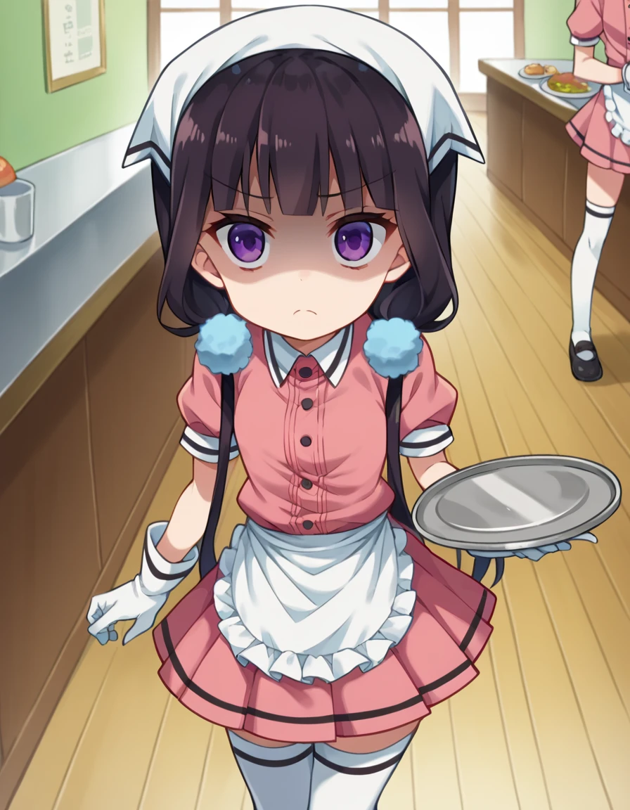 score_9, score_8_up, score_7_up, source_anime,
maikasakuranomiya, <lora:maika-sakuranomiya-ponyxl-lora-nochekaiser:1>,
maika sakuranomiya, long hair, black hair, hair ornament, twintails, purple eyes, low twintails,
skirt, shirt, thighhighs, gloves, short sleeves, pleated skirt, frills, shoes, puffy sleeves, white gloves, black footwear, uniform, apron, white thighhighs, puffy short sleeves, zettai ryouiki, waist apron, white apron, pink skirt, pink shirt, frilled apron, waitress, head scarf,
indoors, restaurant, tray, food tray, shaded face, frown,
looking at viewer, dutch angle, cowboy shot,
