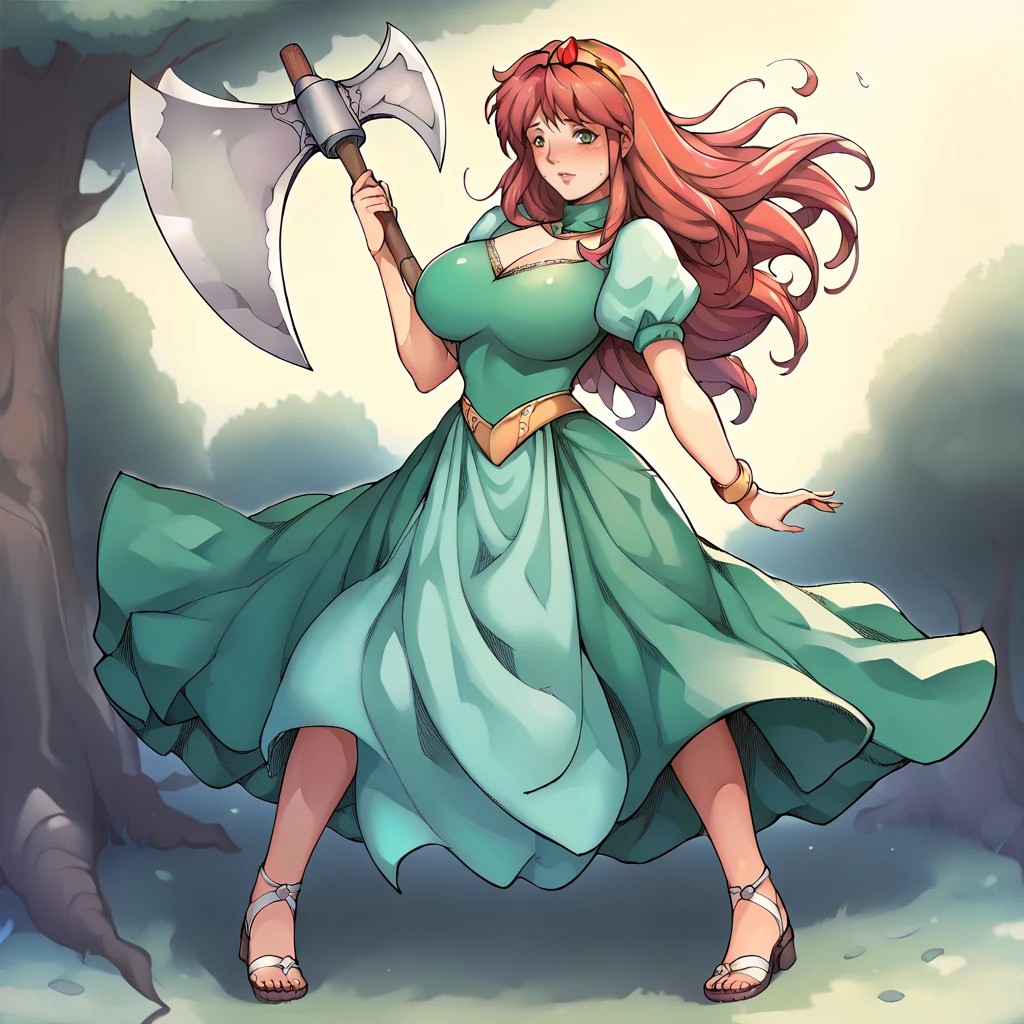 score_9, score_8_up, score_7_up, score_6_up, score_5_up, score_4_up,  a girl standing in the forest, <lora:FFMQ_Kaeli_XL:1.0> kaeli, final_fantasy, red hair, tiara, long hair, long green dress, holding a large axe,  large breasts,   <lora:odanon_style_v2:1> sandals, blushing, wind blowing dress up