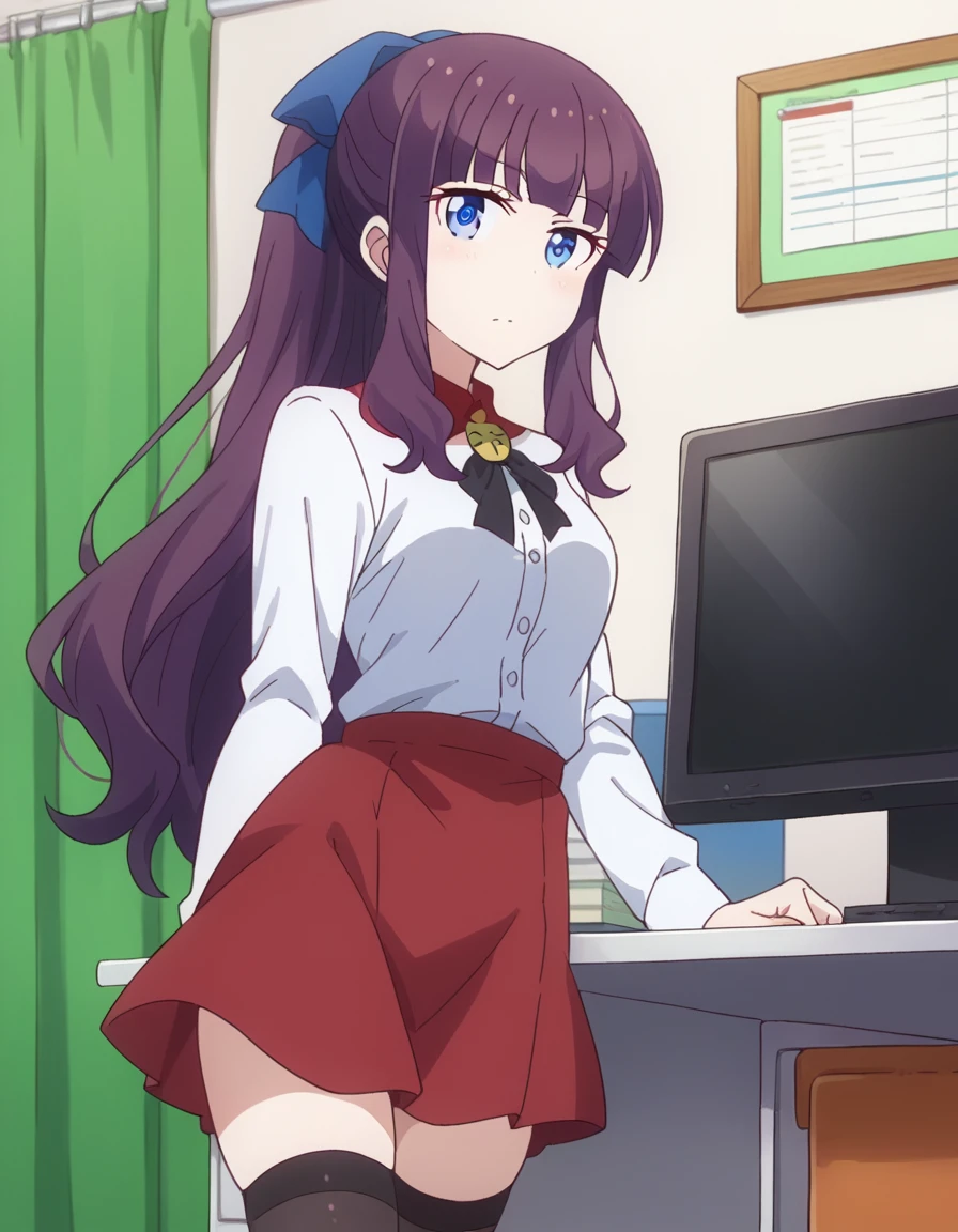 score_9, score_8_up, score_7_up, source_anime,
hifumitakemoto, <lora:hifumi-takimoto-ponyxl-lora-nochekaiser:1>,
hifumi takemoto, long hair, bangs, blue eyes, bow, ponytail, purple hair, hair bow,
skirt, shirt, thighhighs, white shirt, black thighhighs, red skirt,
indoors, office,
looking at viewer, dutch angle, cowboy shot, computer, desk,