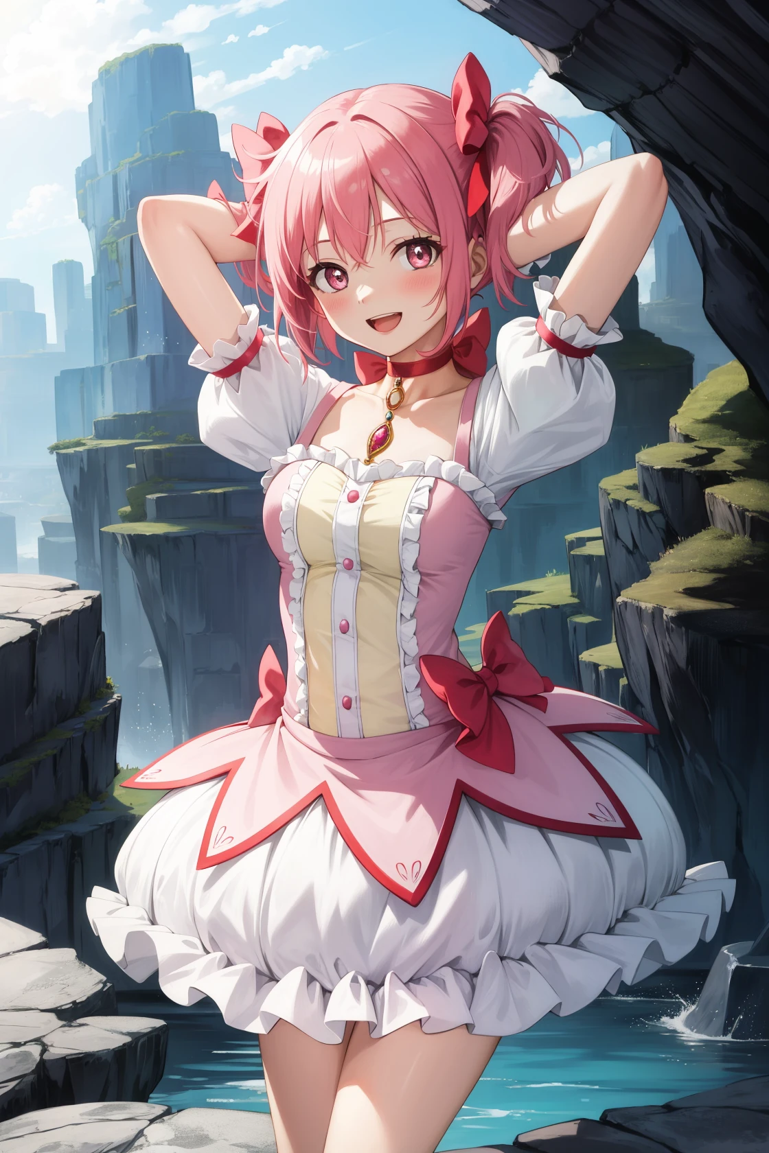 masterpiece, best quality, highres,
MadokaAi, 1girl, solo, pink hair, pink eyes, short hair, bangs, short twintails, flat chest, breasts, blush, smile, open mouth, large breasts, bow, ribbon, twintails, hair ribbon, hair bow, symbol-shaped pupils, red ribbon, pink bow,
gloves, white gloves, frilled sleeves, collarbone, soul gem, skirt, dress, shoes, buttons, choker, socks, puffy sleeves, ribbon choker, red choker, puffy short sleeves, frills, choker, cosplay, rose, magical girl, bubble skirt, kaname madoka,
cowboy shot, looking at viewer, arms behind head, arms up, outdoors, cave, darkness, shadow, stalactite, <lora:Madoka:1>