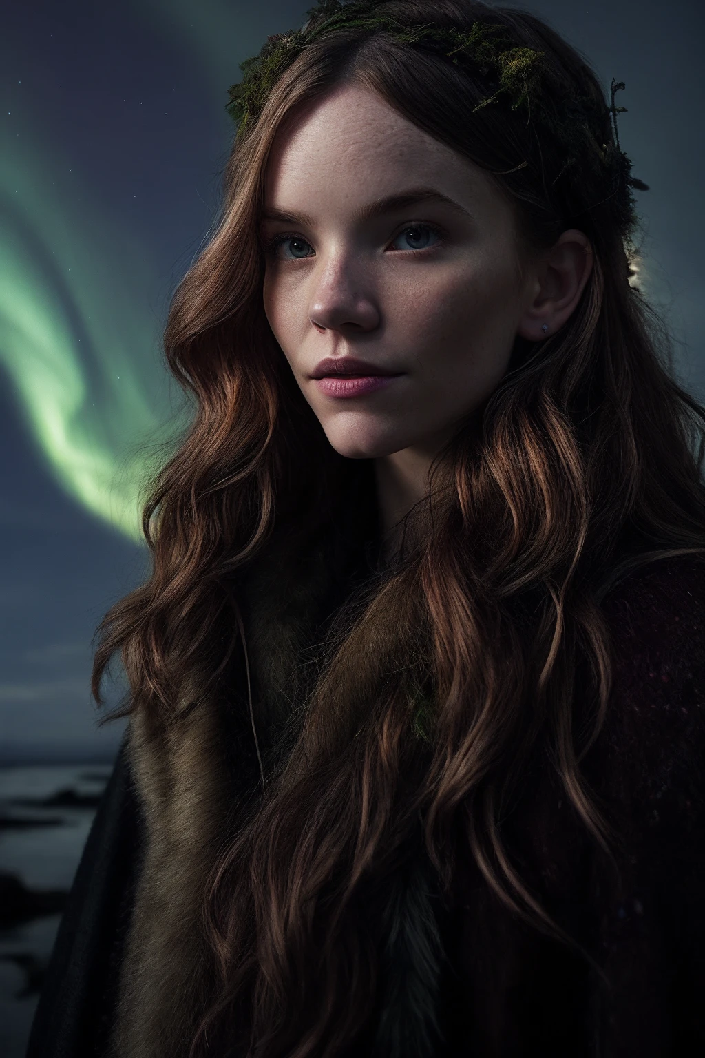 TamzinM_SoloTI_v1, PA7_Portrait-MCU,
a woman, perfect hair,
(A mystical ensemble inspired by Norse mythology, featuring a flowing cloak embellished with Nordic symbols and runes, paired with rustic leather boots and accessories:1.1),
((In the depths of a dense Scandinavian forest, ancient trees whisper tales of gods and heroes. Amidst moss-covered stones and the ethereal glow of the Northern Lights, a figure emerges, embodying the enchanting spirit of Norse mythology:1.2)),
(seductive), photorealistic, masterpiece, high quality, artistic, unique, award winning photograph, professional, 8k, RAW photo, best quality,flattering, (cinematic:1.3) shallow DOF, depth of field,sharp focus,
<lora:add_detail:0.6>, <lora:LowRa:0.3>