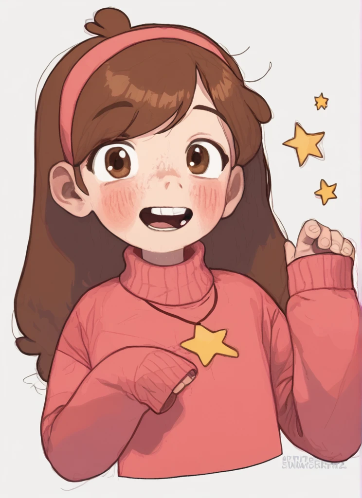 score_9,score_8_up,score_7_up <lora:possummachinexl:1.1>possummachine_style , 1girl, solo, long hair, looking at viewer, blush, smile, open mouth, simple background, brown hair, long sleeves, white background, brown eyes, upper body, hairband, teeth, tongue, star (symbol), sweater, sleeves past wrists, turtleneck, teeth, sleeves past fingers, cropped torso, red sweater, pink sweater , mabel pines