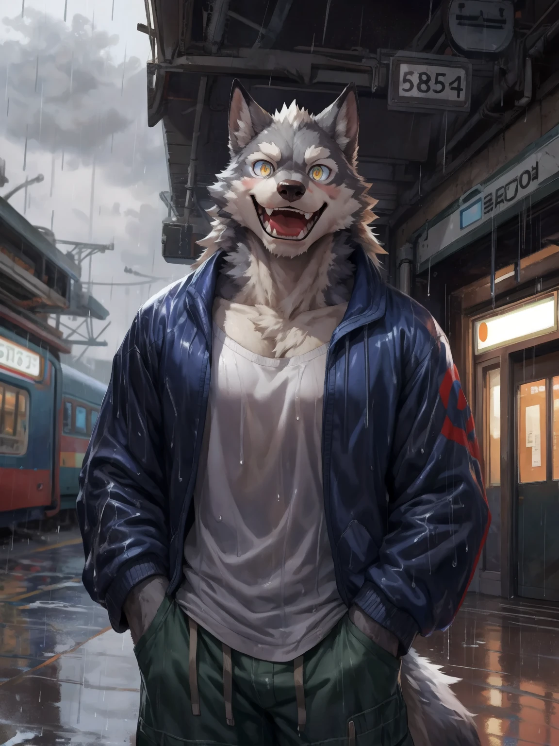 masterpiece, best quality, perfect anatomy, bright eyes, watery eyes, by t.y.stars, by null-ghost, by k0bit0wani, furry, wolf, (felis:0.25), male, solo, baggy clothing, (open smile:1.1), gentle, looking at viewer, train station, rain, (waterdrop:0.9), grey sky, raining, (fog:0.4), detailed background