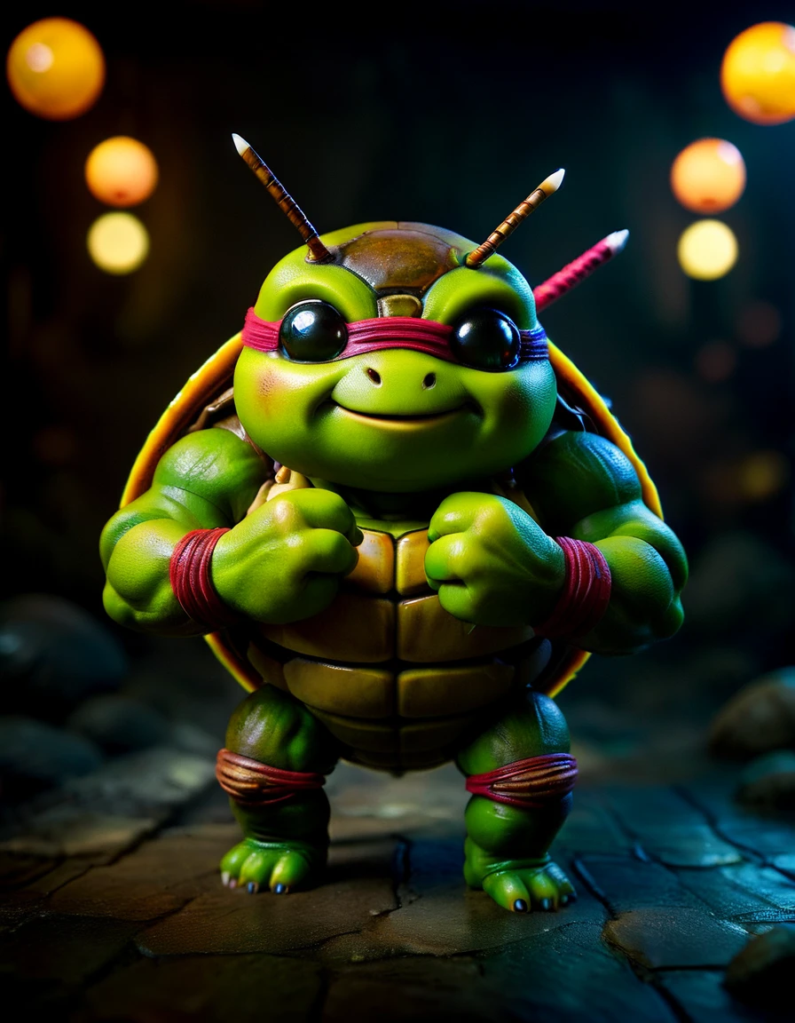 Muscular, teenage ninja turtle, in an imposing position, with a dark background, but with vibrant colors on its body. decorated with amber accents, masterpiece of art, visually stunning, intricate details, sharp focus, 55mm f/ 1.8 lens, depth of field, natural daylight <lora:ral-smolinzect:1> ral-smolinzect